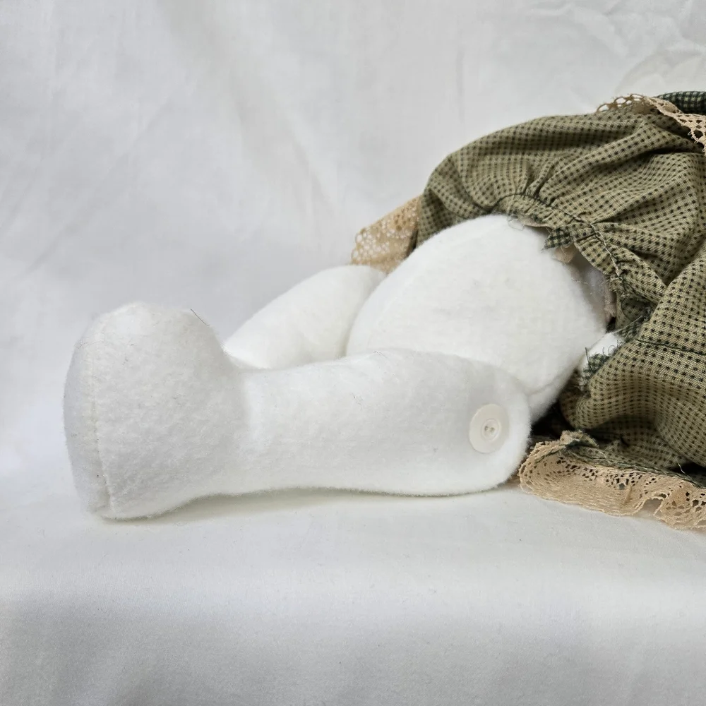 Vtg Inspired‎ Handmade Jointed Fabric Doll Green Gingham Dress Yellow Yarn Hair